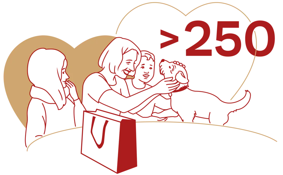 Due persone interagiscono con un cane, mentre una terza figura osserva. Sullo sfondo ci sono due cuori e un numero superiore a 250, che suggeriscono un messaggio di amore e affetto verso gli animali.