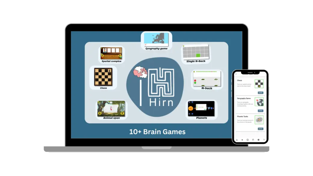 Billedet viser en computer og en mobiltelefon, der præsenterer logoet "Hirn" og en række hjernelege. Spil som skak, geografi og dyrespil er vist som ikoner på skærmen. Der er over ti hjernelege tilgængelige på platformen.
