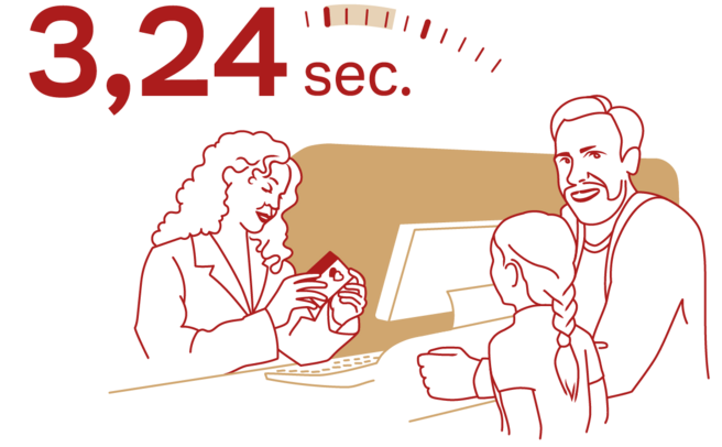 Un'illustrazione che rappresenta una scena di interazione tra tre persone. Una donna, apparentemente una dipendente, sta scambiando un oggetto con un bambino, mentre un uomo osserva. In alto a sinistra è evidenziato il tempo "3,24 sec." in caratteri grandi.