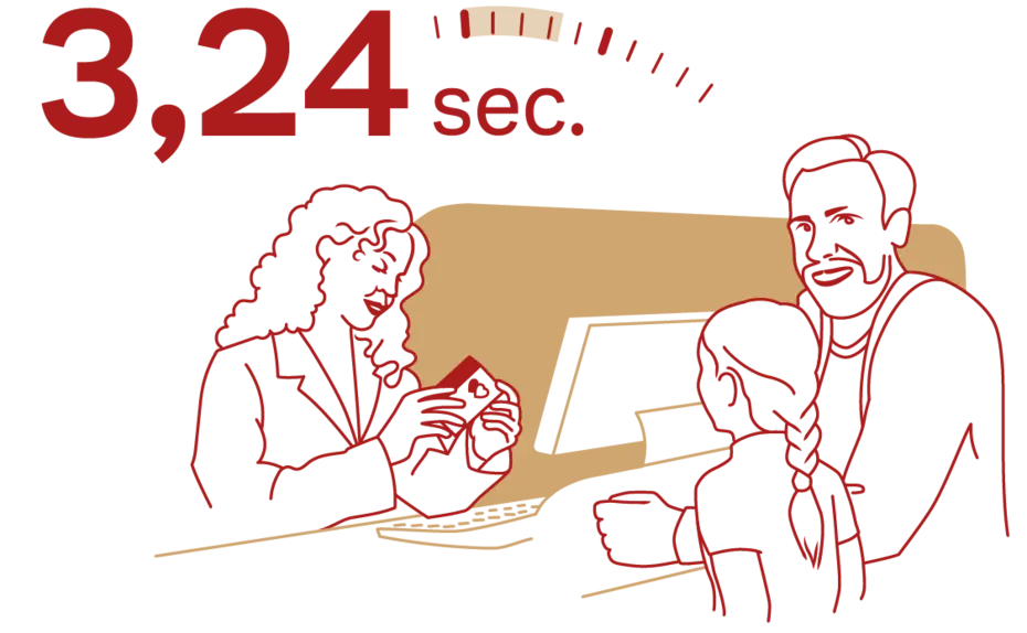 Un'illustrazione che rappresenta una scena di interazione tra tre persone. Una donna, apparentemente una dipendente, sta scambiando un oggetto con un bambino, mentre un uomo osserva. In alto a sinistra è evidenziato il tempo "3,24 sec." in caratteri grandi.